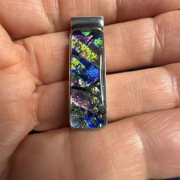 Pendant*Dichroic Glass 925 Solid Sterling Silver Setting Colorful Bar - Picture 8 of 11